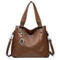 Brown lychee texture leather tote bag with pearl leaf charm and detachable strap - Yellow Brown