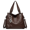 Dark coffee large tote bag in pebbled faux leather with decorative leaf pendant detail - Dark Brown