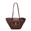 Minimalist chocolate brown tote bag with metal lock and unique trapezoidal wing shape - Brown
