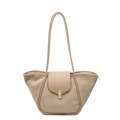 Minimalist beige matte tote bag with golden buckle and leather flap detail - Khaki
