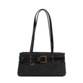Bolso de hombro rectangular negro con hebilla dorada y textura de ante suave - Negro