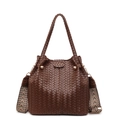 Braune gewebte Beuteltasche mit Jacquard-Schultergurt und goldfarbenen Nieten - Dunkelbraun