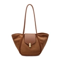 Minimalist caramel brown suede bucket tote bag with gold buckle and smooth leather straps - Brown