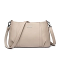 Minimalist beige pebble leather crossbody bag with silver metallic logo and wide strap - Apricot