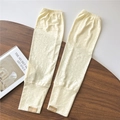 Detail of cream lace arm sleeves with floral texture and Doris Dore leather brand label - One Size / Beige Lace Pattern