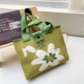 Detailed knit texture of green floral tote bag with sturdy woven handle and button closure - 22*28cm / Yellow with Three-Color Flowers