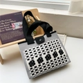 Detail of knitted tote bag with gray ribbing and black and white floral checkered pattern - Grey Checkerboard Flower