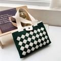 Detail of checkered knit tote bag featuring green and beige patterns and button closure - Rhombus Grid Green