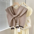 Detailed knit texture of light brown shawl featuring stylish black and white striped hem - Coffee Two-tone Stripes