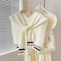 Detailed knit texture of cream white shawl with grey and black striped cuffs - Milky White Two-tone Stripes