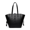 Classic black vintage tote bag with lychee grain leather texture and metallic lock detail - Black