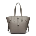 Gray leather tote bag with side drawstring tassels and metallic twist-lock closure - Gray