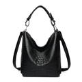 Black crocodile embossed leather bucket bag with top handle and silver-tone hardware details - Black