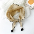 Minimalist beige cotton linen neck scarf with black edging and decorative pompom tassels - 60*60*96cm / Yellow