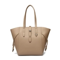 Minimalist light brown leather tote bag with grainy texture and silver hardware - Khaki