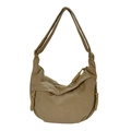 Khaki corduroy crossbody dumpling bag with adjustable strap and woven zipper pull - Khaki