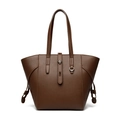Deep brown pebble grain leather tote bag with silver metal twist lock and long shoulder straps - Brown
