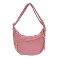 Light pink corduroy crescent hobo bag with zip pockets and textured vertical stripes - Pink
