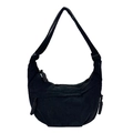 Minimalist black corduroy hobo crossbody bag with adjustable strap and textured fabric - Black