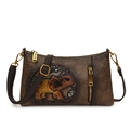 Borsa a tracolla in pelle marrone vintage con un distintivo rilievo circolare di elefante - Marrone