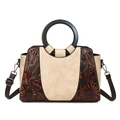 Ethnic style handbag featuring brown floral embossed patterns and beige pebble texture - Off White