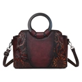 Borsa bordeaux scuro con motivi a girasole in rilievo e manici rotondi in metallo retrò - Borgogna