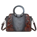 Borsa tote vintage con fiori a rilievo, manici in legno e tracolla regolabile - Grigio
