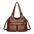 Vintage caramel brown PU leather shoulder bag with multiple zippers and adjustable strap - Yellow Brown