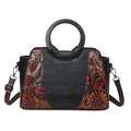 Vintage embossed tote bag with floral patterns, round handles and adjustable shoulder strap - Black