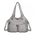 Silver-grey soft washed leather handbag with multiple zipper pockets and shoulder strap - Light Gray