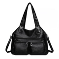 Black pebbled leather shoulder bag for women with multiple front zippers and handles - Black