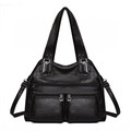 Sac bandoulière classique en cuir noir à motif litchi avec poches zippées multiples - Marron