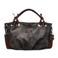 Retro grey canvas tote bag with brown leather handles and adjustable shoulder strap - Black