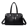 Black pebbled leather tote bag with multi-zipper pockets and durable double handles - Black