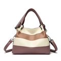 Driekleurige patchwork handtas van paars en bruin lycheeleer met handgrepen en schouderriem - Paars