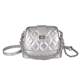 Metallic silver quilted crossbody bag with chain strap and square metal lock - Silver