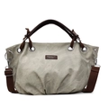 Vintage grey-green canvas tote bag with brown leather handles and adjustable shoulder strap - Off White
