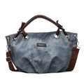 Vintage blue canvas tote bag with brown leather handles and adjustable shoulder strap - Blue