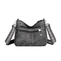 Vintage graue Umhängetasche aus weichem Leder mit Ethno-Gurt und Metall-Reißverschlüssen - Schwarz