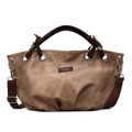 Vintage coffee brown canvas tote bag with leather handles and long adjustable strap - Khaki