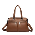 Brown litchi leather tote bag with dual front zippers and top handles in caramel color - Yellow Brown