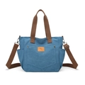 Borsa tote in tela blu con manici marroni, tasche multiple e tracolla regolabile - Blu