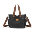 Borsa tote in tela nera con manici marroni e tracolla regolabile in stile abbigliamento - Nero
