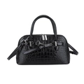 Glossy black crocodile embossed handbag with silver buckle and detachable shoulder strap - Black