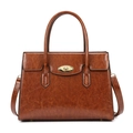Vintage brown PU leather handbag with dual handles and gold clasp on white background - Brown Single Bag