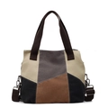 Canvas tote bag with earth tone patchwork design and adjustable shoulder strap - Coffee