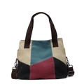 Canvas tote bag with geometric color-block patchwork in beige, teal and burgundy - Blue