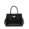 Glossy black patent leather handbag with gold twist lock and adjustable shoulder strap - Black Single Bag