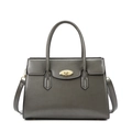 Detail of dark grey handbag with golden oval turn-lock and fine leather texture - Gray Single Bag