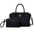 Set de bolso tote de cuero granulado negro con estuche a juego y herrajes dorados - Juego de 2 piezas (bolso tote + neceser interior) / Negro